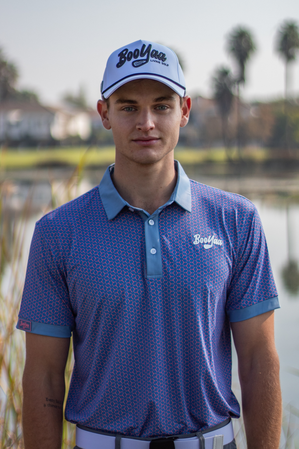 BooYaa Premium Golf Polo – Pink & Blue Geometric