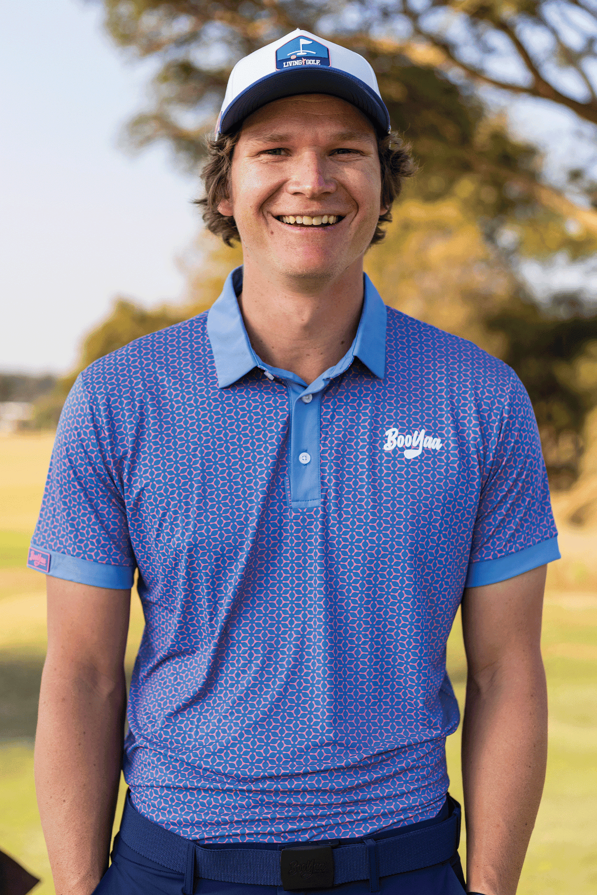 BooYaa Premium Golf Polo – Pink & Blue Geometric