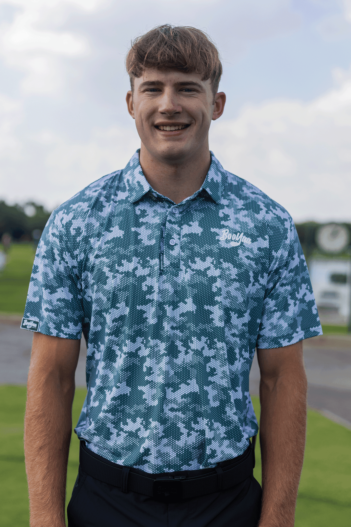 BooYaa Premium Men's Golf Polo, Acres Green Camo Print, 4-Way Stretch, Moisture-Wicking