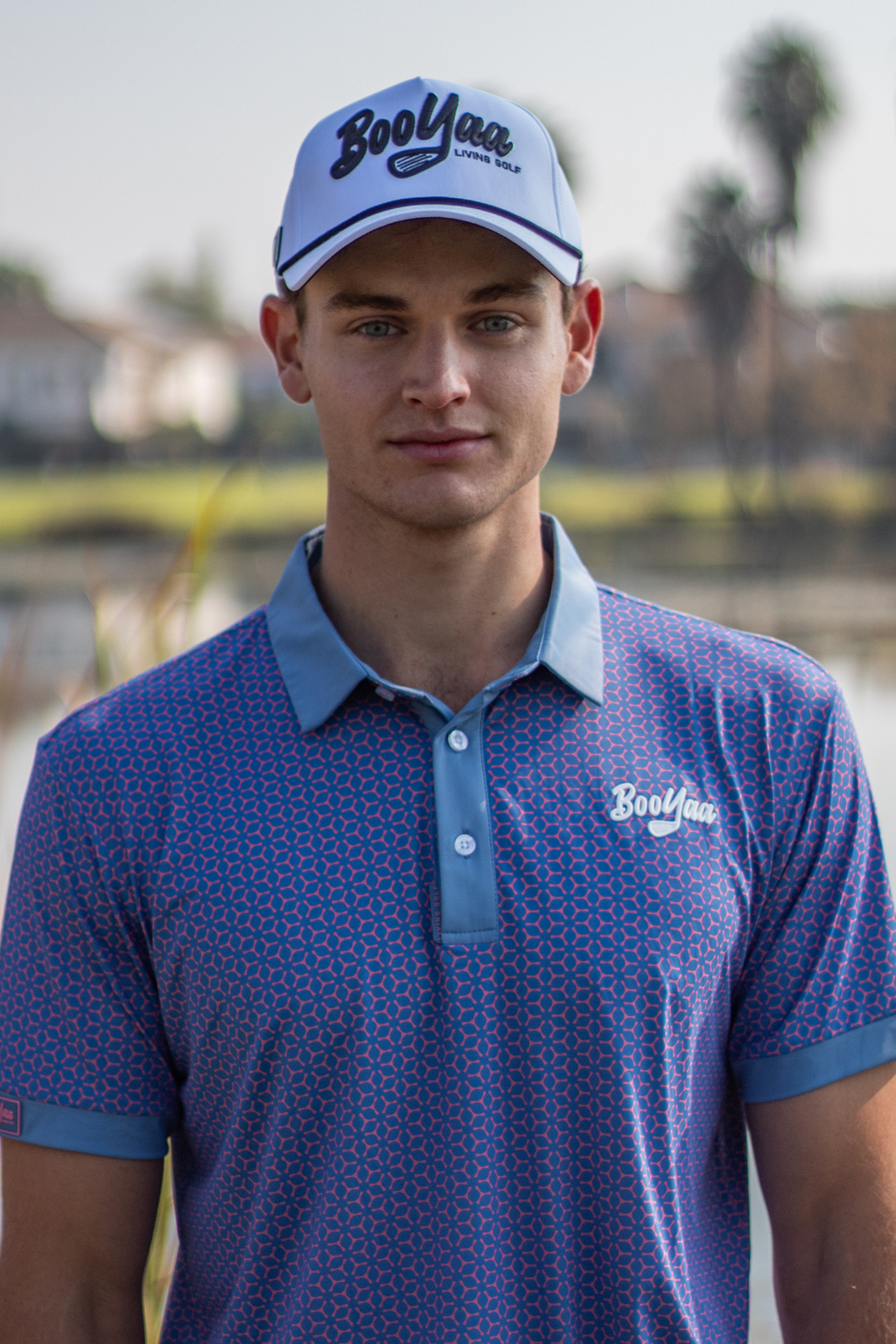 BooYaa Premium Golf Polo – Pink & Blue Geometric
