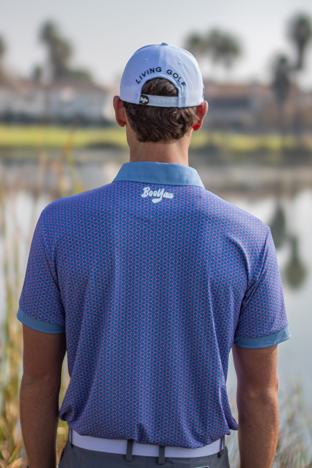 BooYaa Premium Golf Polo – Pink & Blue Geometric