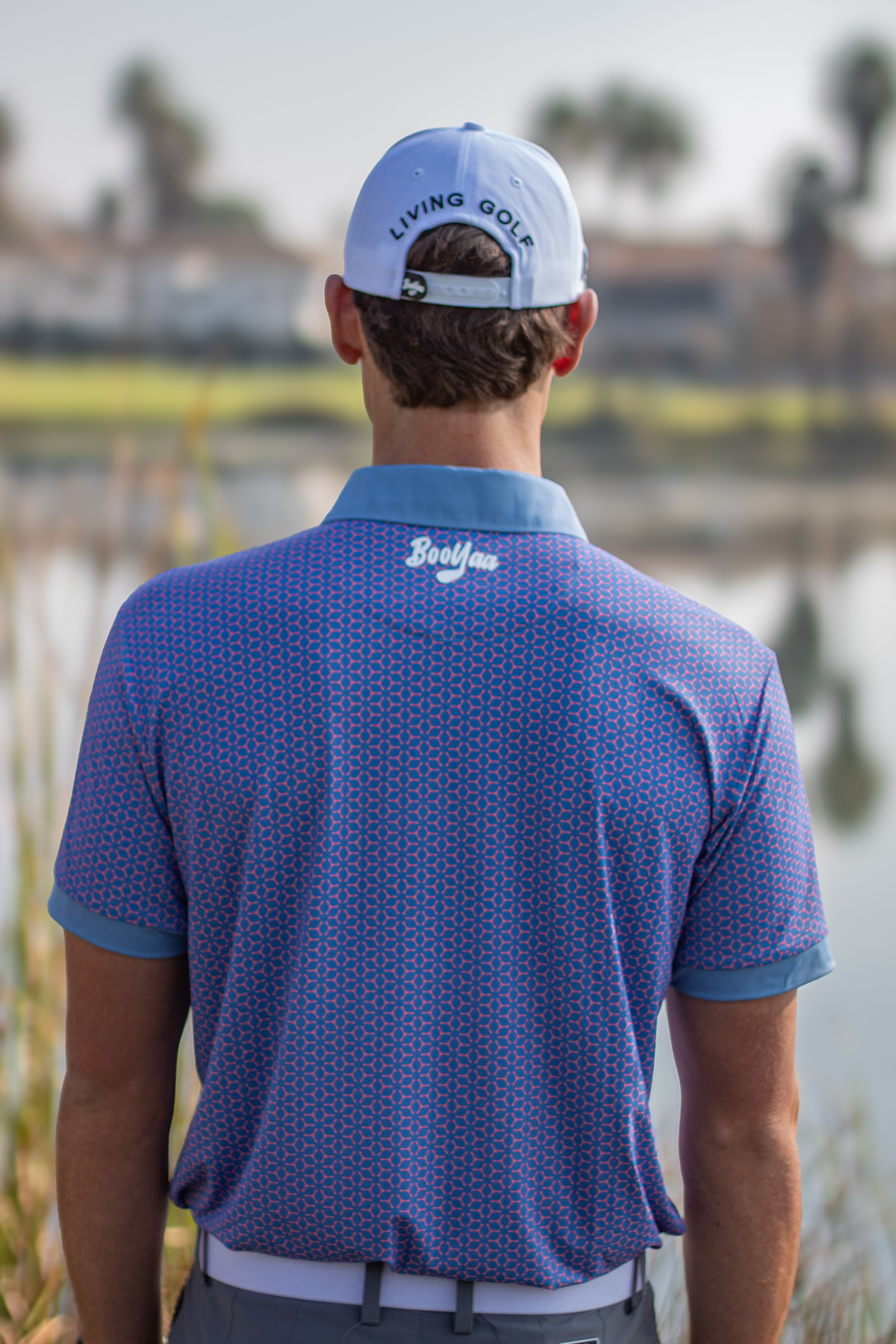 BooYaa Premium Golf Polo – Pink & Blue Geometric