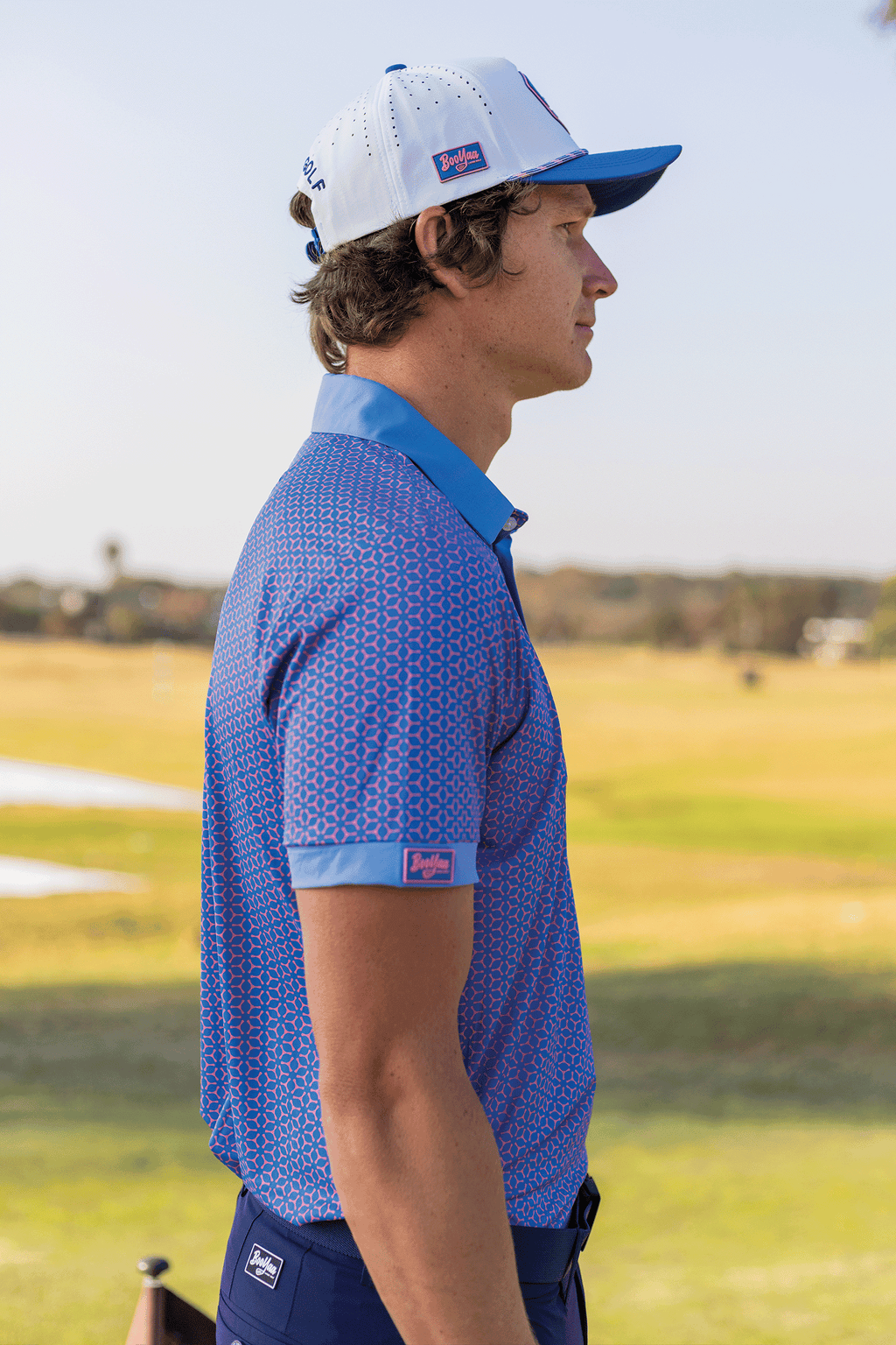 BooYaa Premium Golf Polo – Pink & Blue Geometric