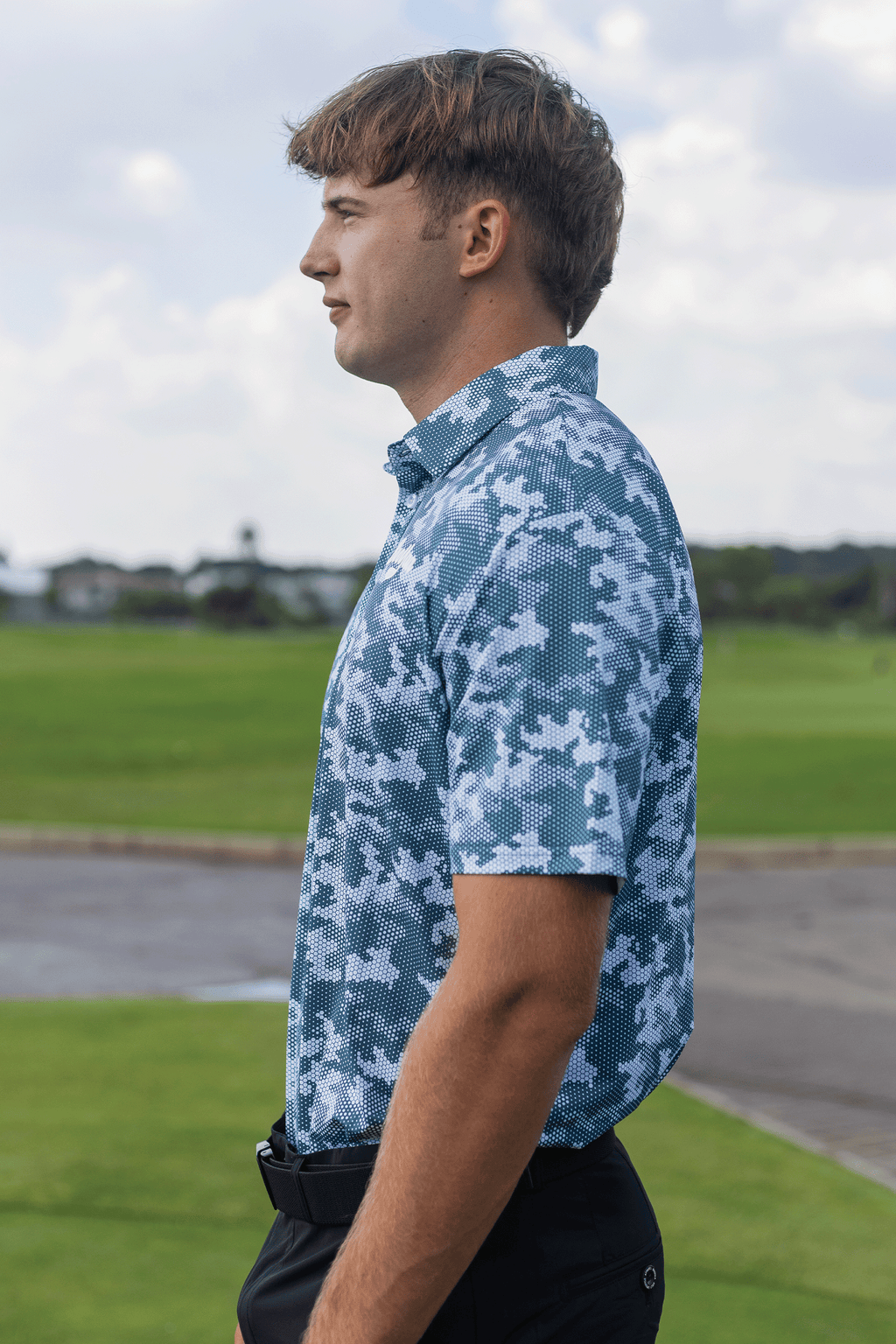 BooYaa Premium Men's Golf Polo, Acres Green Camo Print, 4-Way Stretch, Moisture-Wicking