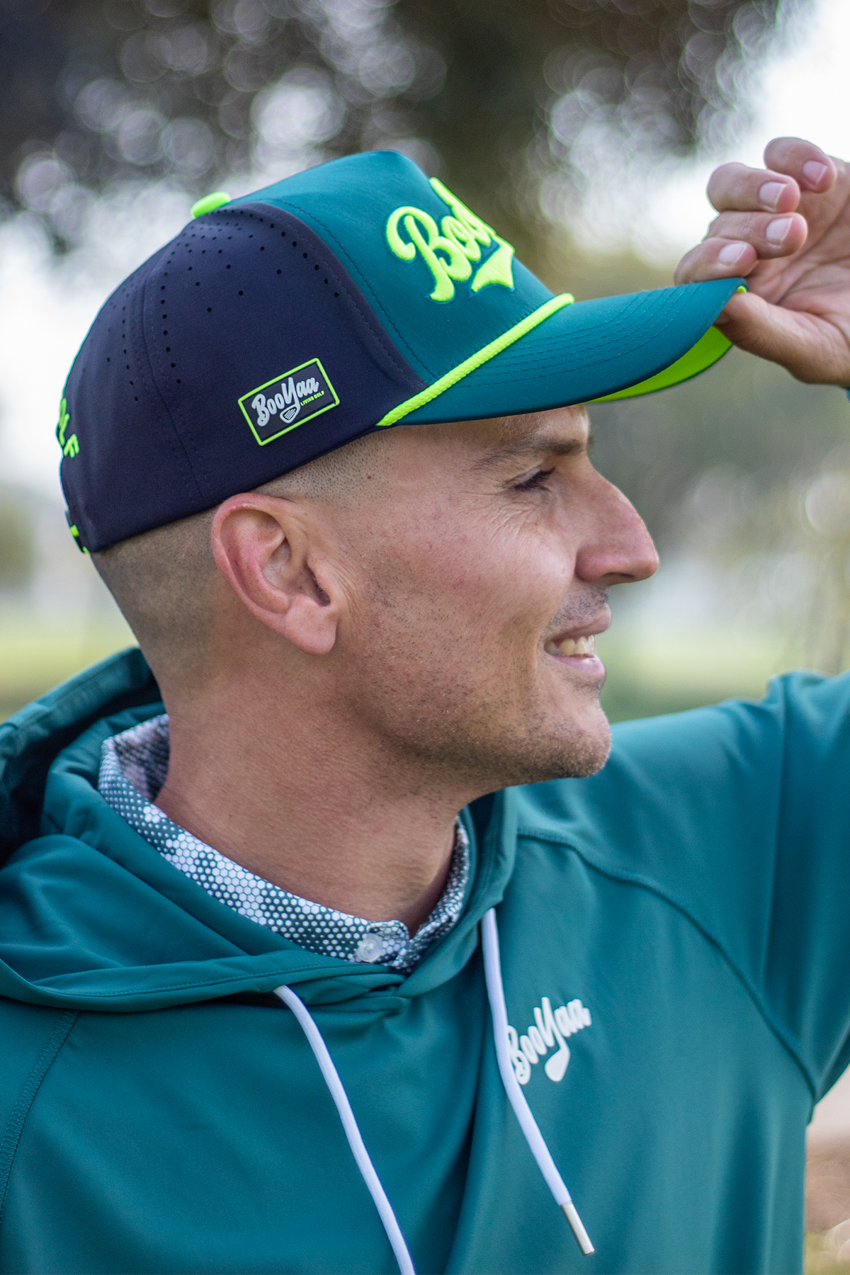 BooYaa Premium Golf Hat, Blitz Forest Green and Neon Lime Snapback Cap, Unisex