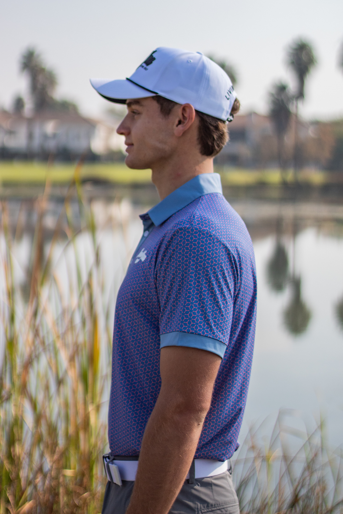 BooYaa Premium Golf Polo – Pink & Blue Geometric