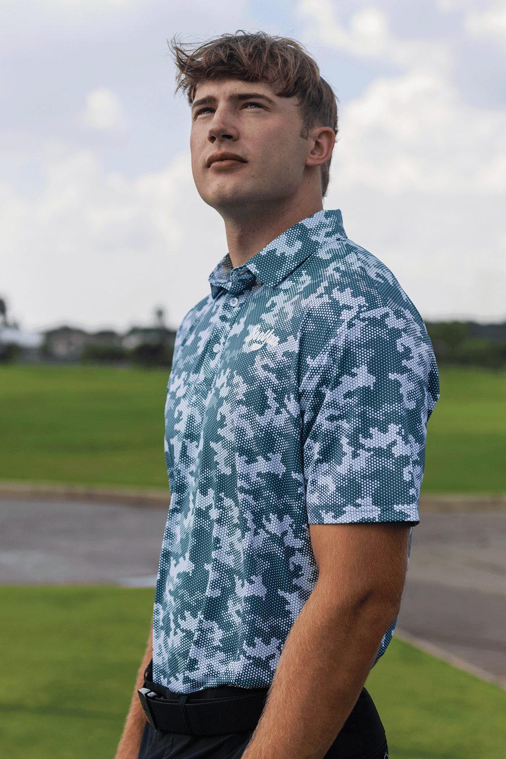 BooYaa Premium Men's Golf Polo, Acres Green Camo Print, 4-Way Stretch, Moisture-Wicking