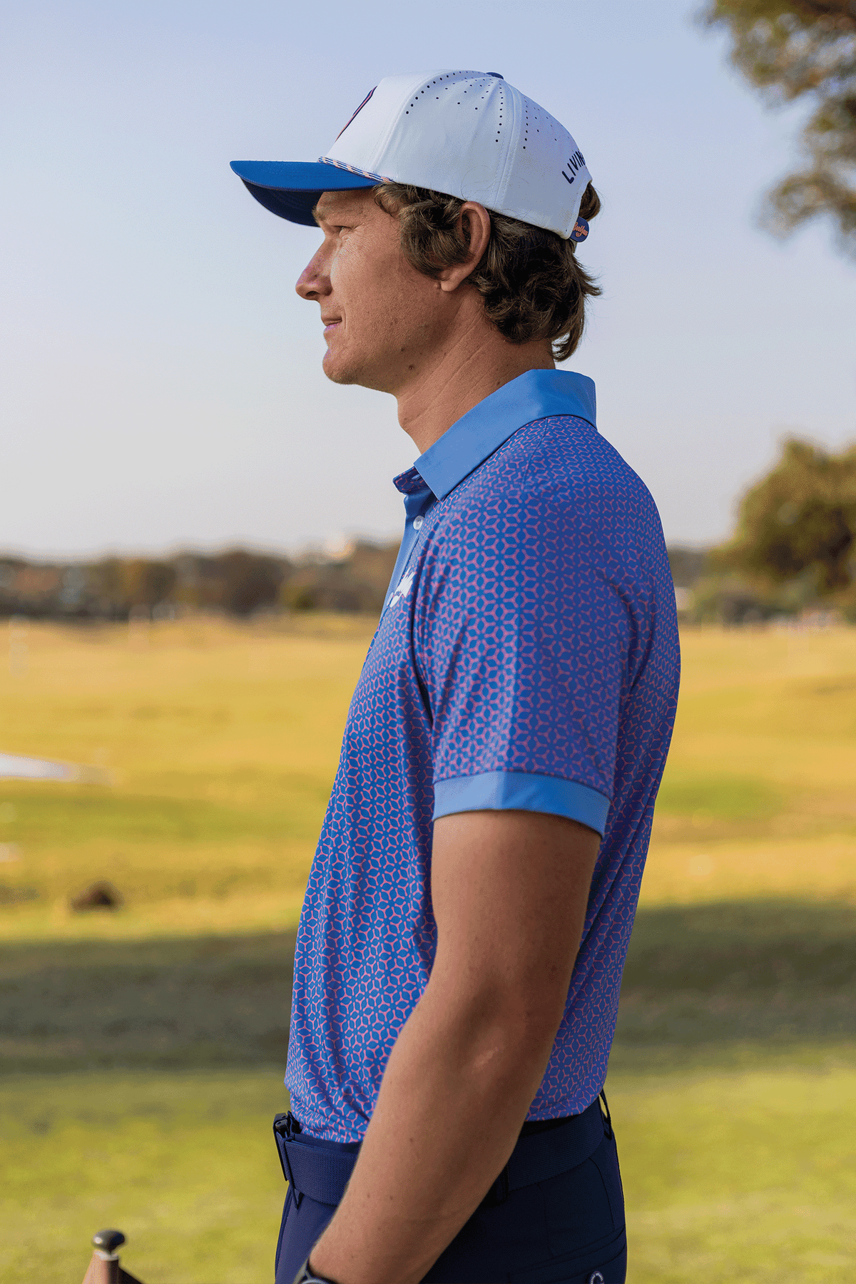 BooYaa Premium Golf Polo – Pink & Blue Geometric
