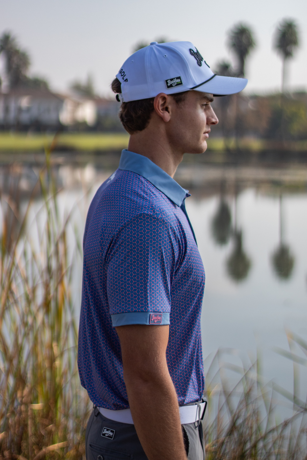 BooYaa Premium Golf Polo – Pink & Blue Geometric