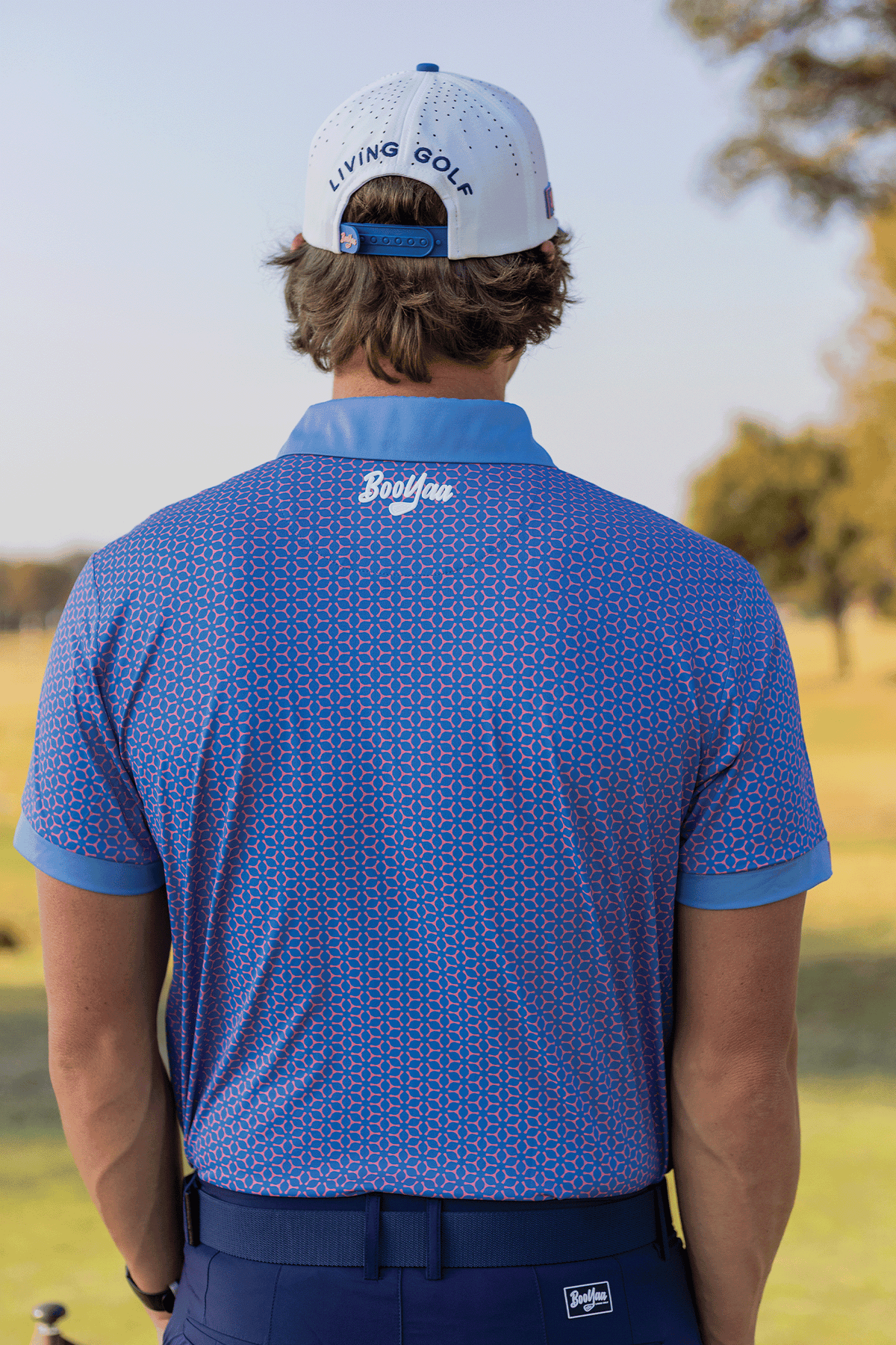 BooYaa Premium Golf Polo – Pink & Blue Geometric
