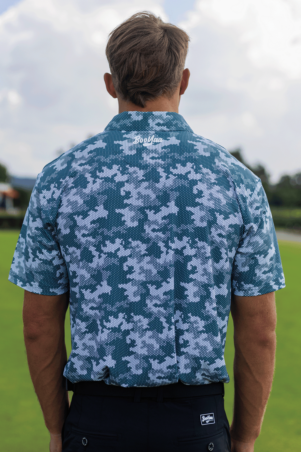 BooYaa Premium Men's Golf Polo, Acres Green Camo Print, 4-Way Stretch, Moisture-Wicking