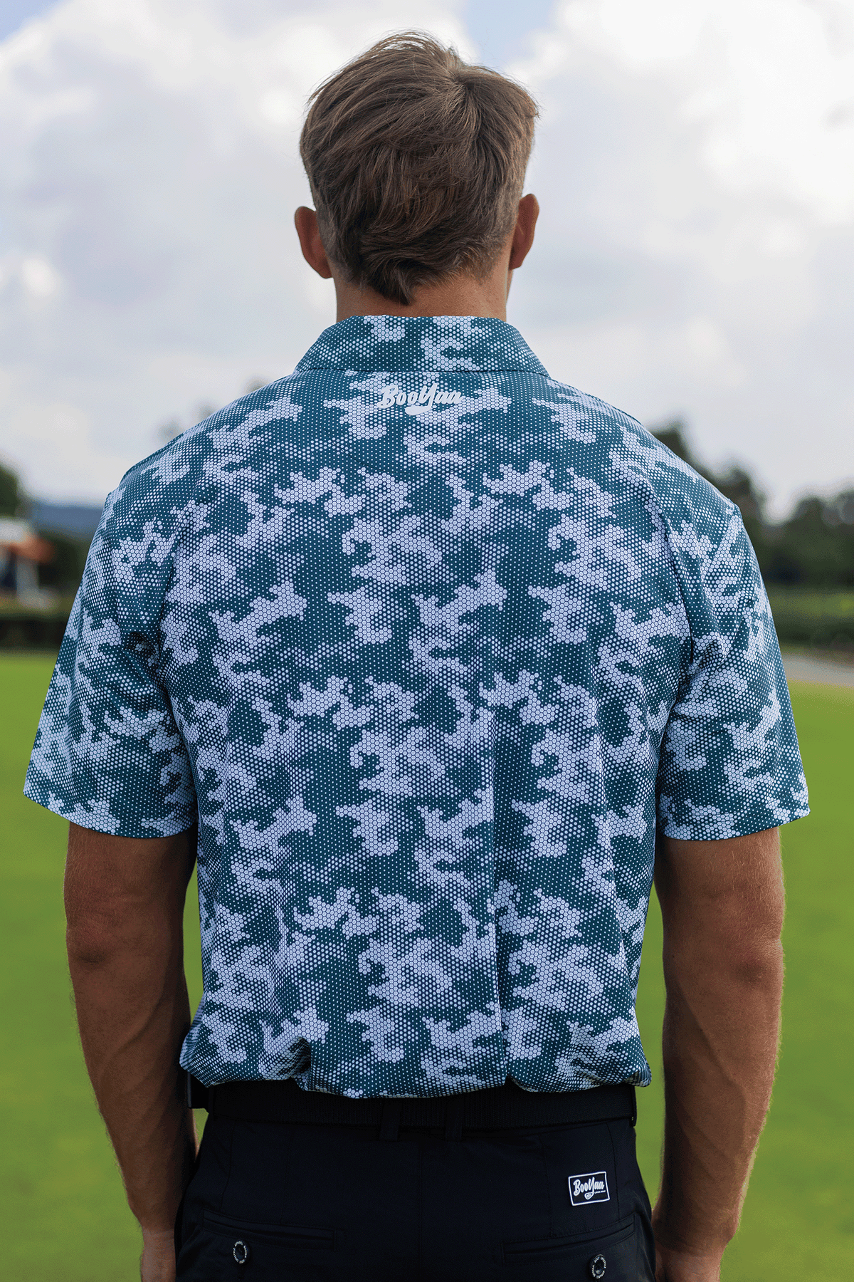 BooYaa Premium Men's Golf Polo, Acres Green Camo Print, 4-Way Stretch, Moisture-Wicking