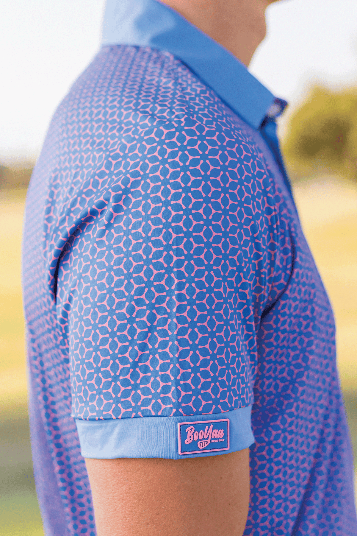 BooYaa Premium Golf Polo – Pink & Blue Geometric