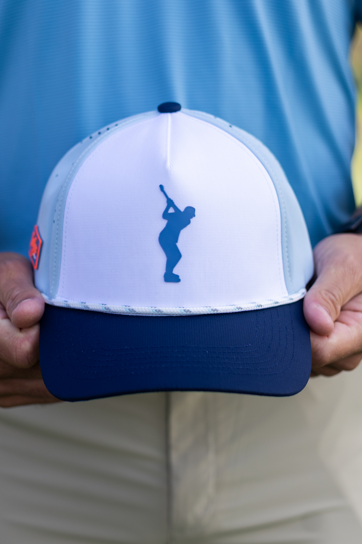 BooYaa Premium Golf Hat, Tee Off White and Navy Snapback Cap, Laser-Cut Vents, Unisex
