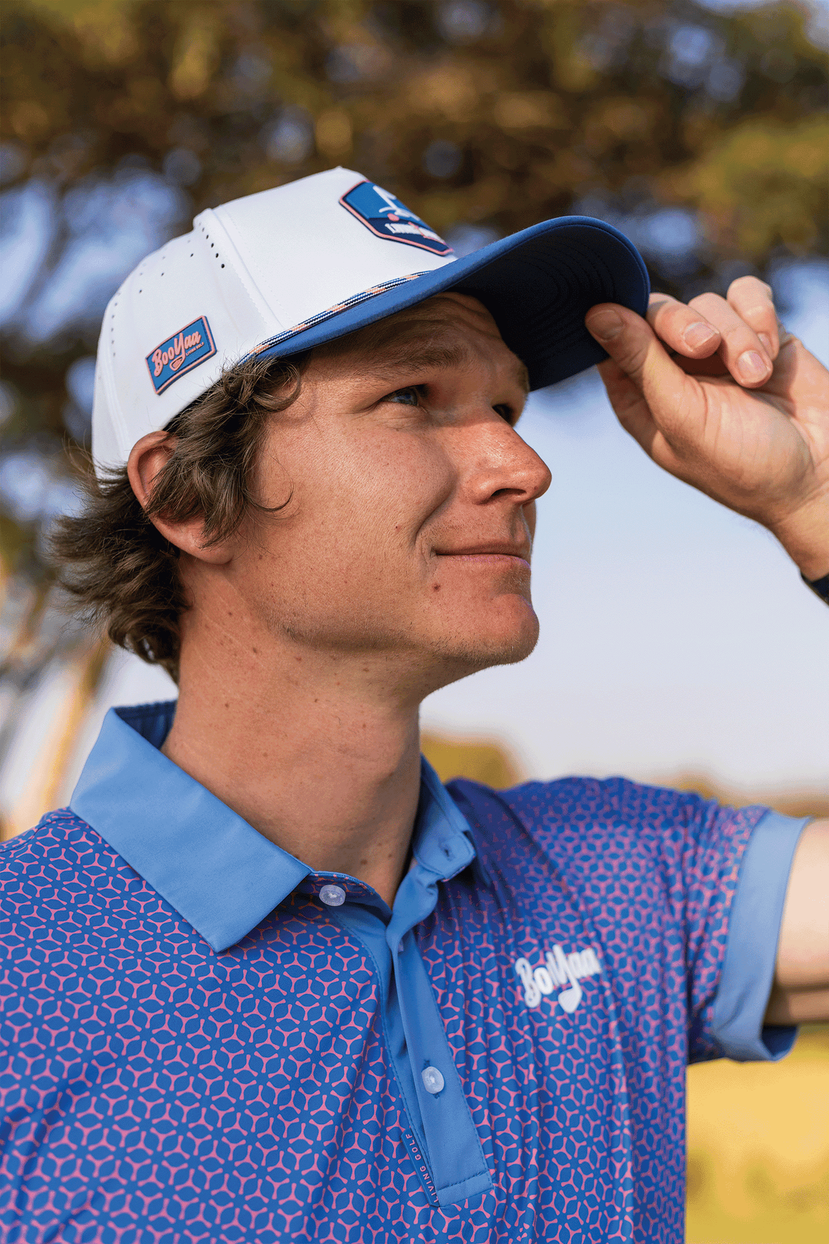 BooYaa Premium Golf Polo – Pink & Blue Geometric
