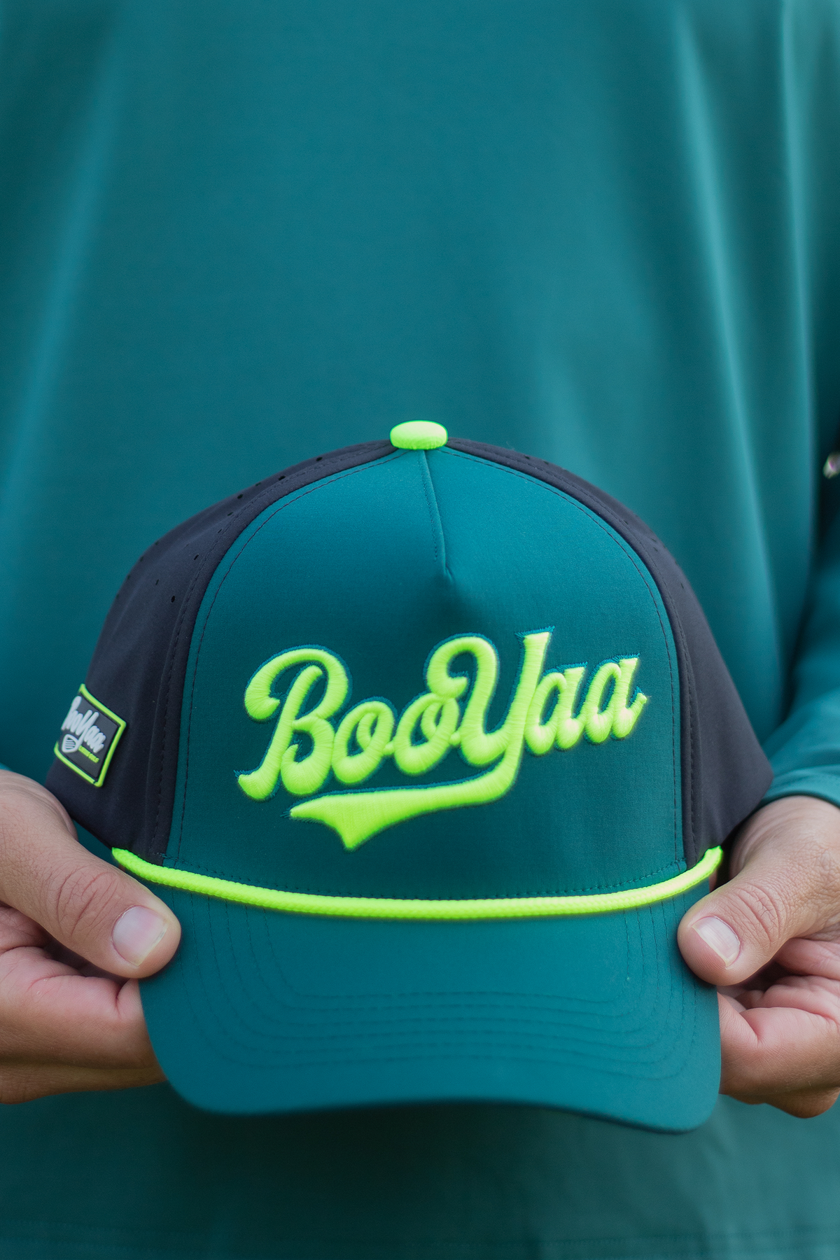 BooYaa Premium Golf Hat, Blitz Forest Green and Neon Lime Snapback Cap, Unisex