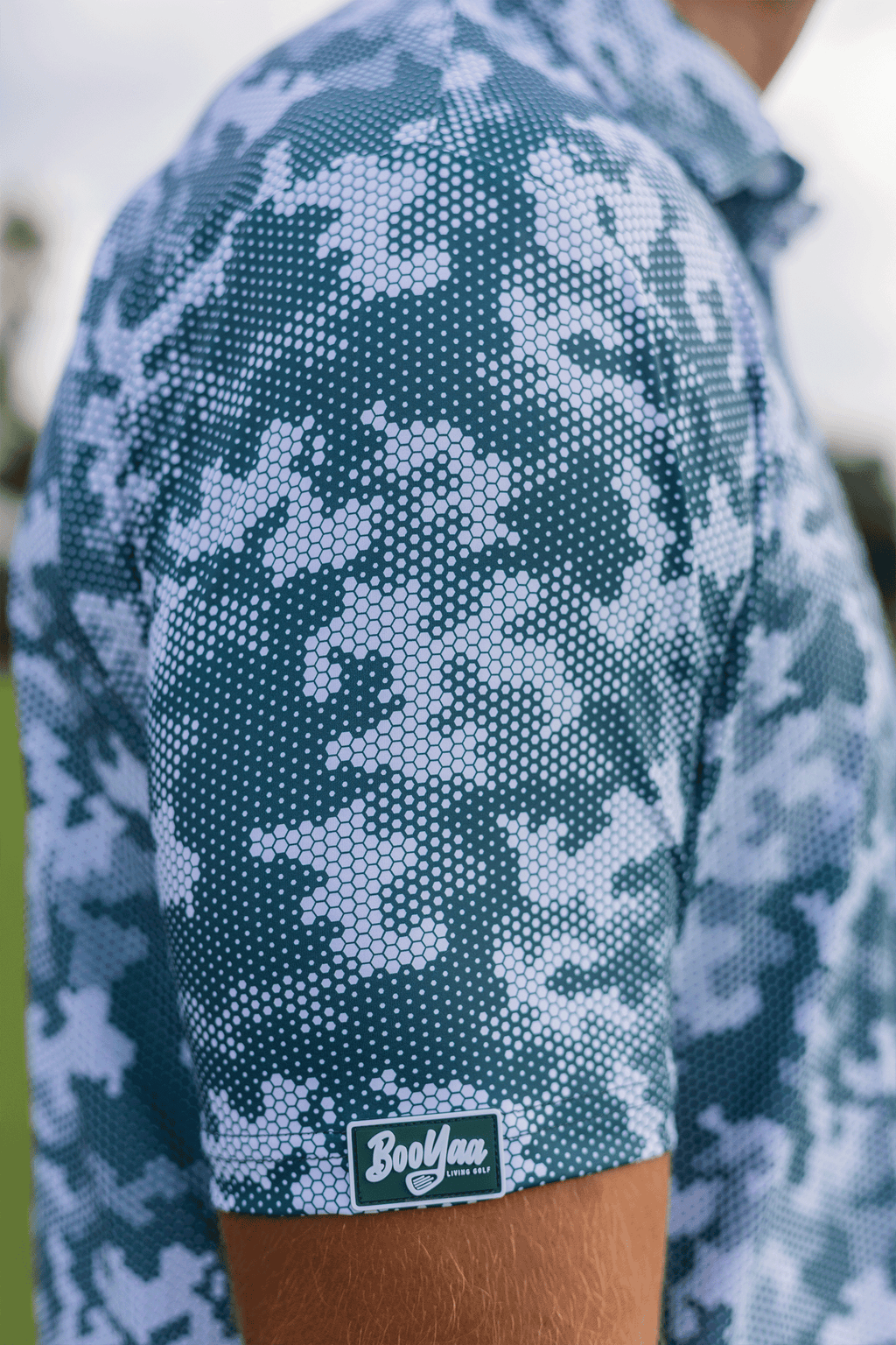 BooYaa Premium Men's Golf Polo, Acres Green Camo Print, 4-Way Stretch, Moisture-Wicking