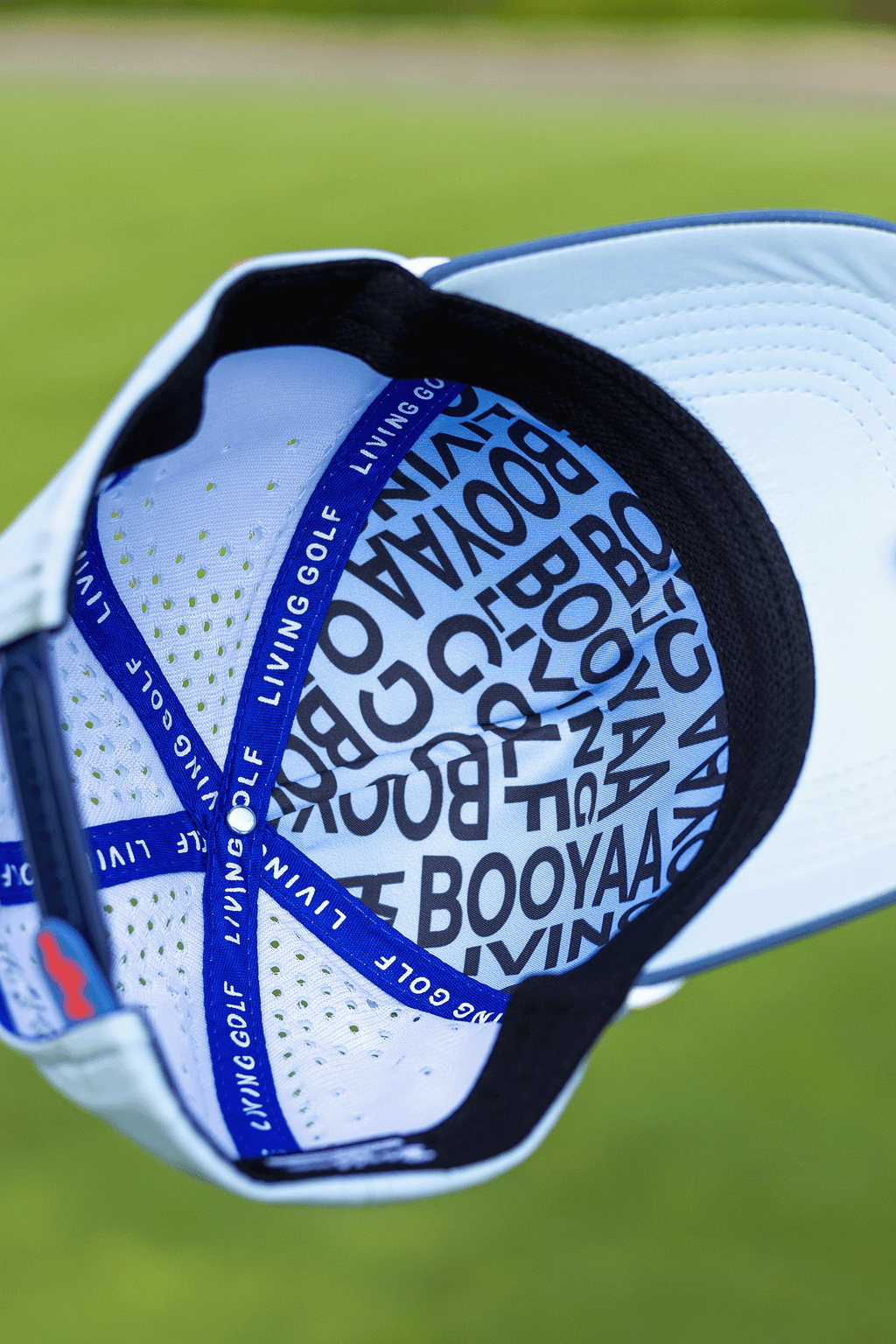 BooYaa Premium Golf Hat, Tee Off White and Navy Snapback Cap, Laser-Cut Vents, Unisex