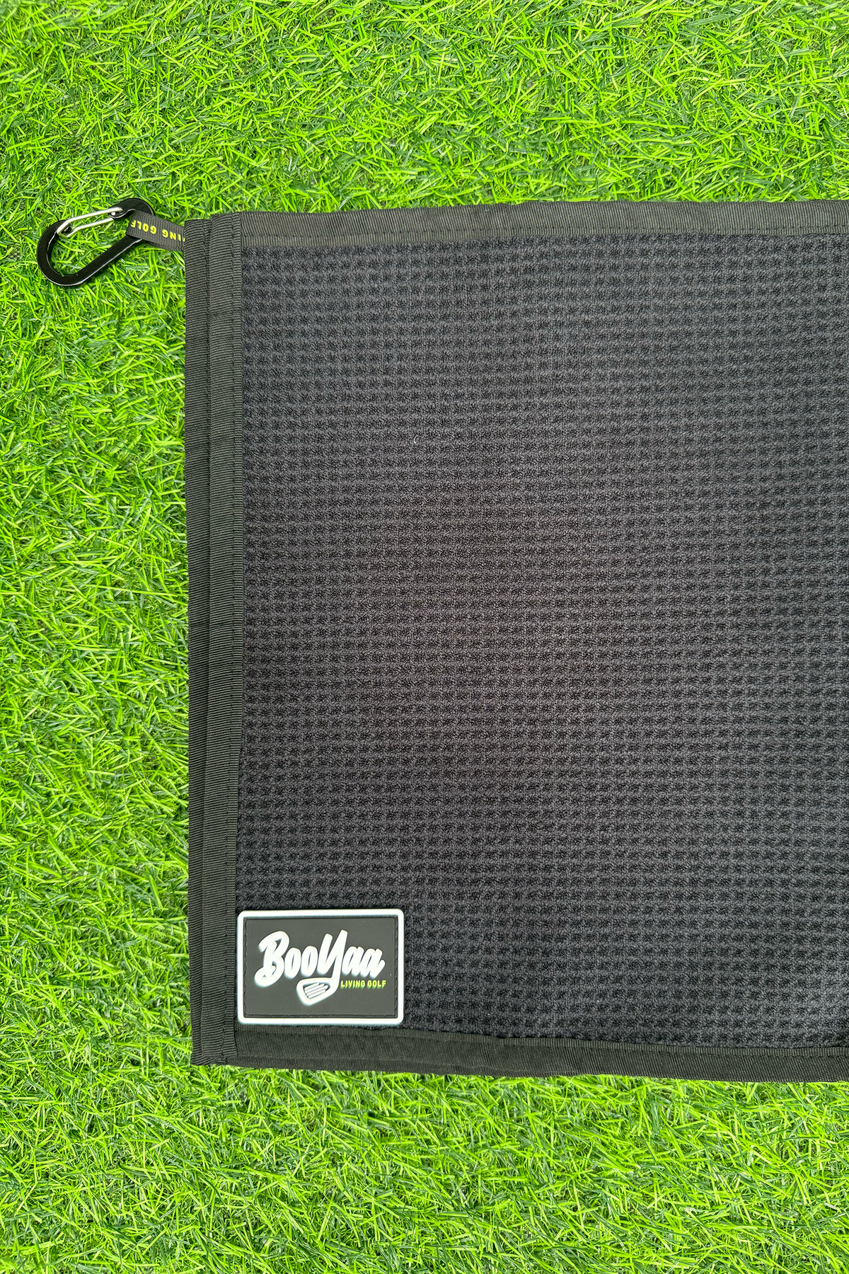 BooYaa Golf Towel, Black Waffle Weave, 39 x 12 in, with Metal Bag Clip